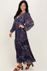 Navy Floral Chiffon V-Neck Long Sleeve Maxi Dress