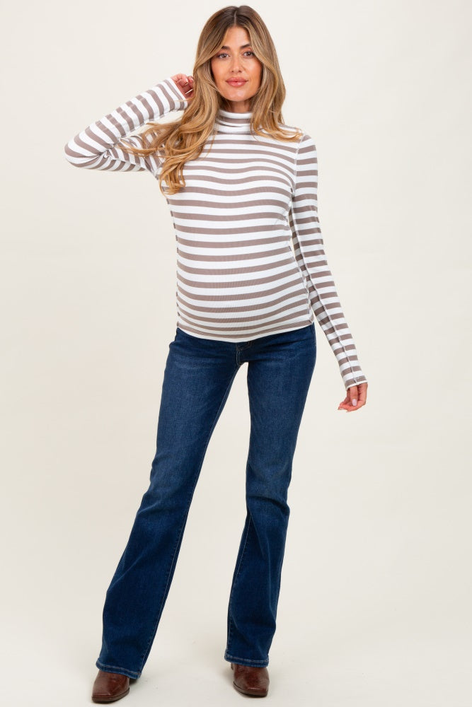 Mocha Striped Turtleneck Maternity Long Sleeve Top