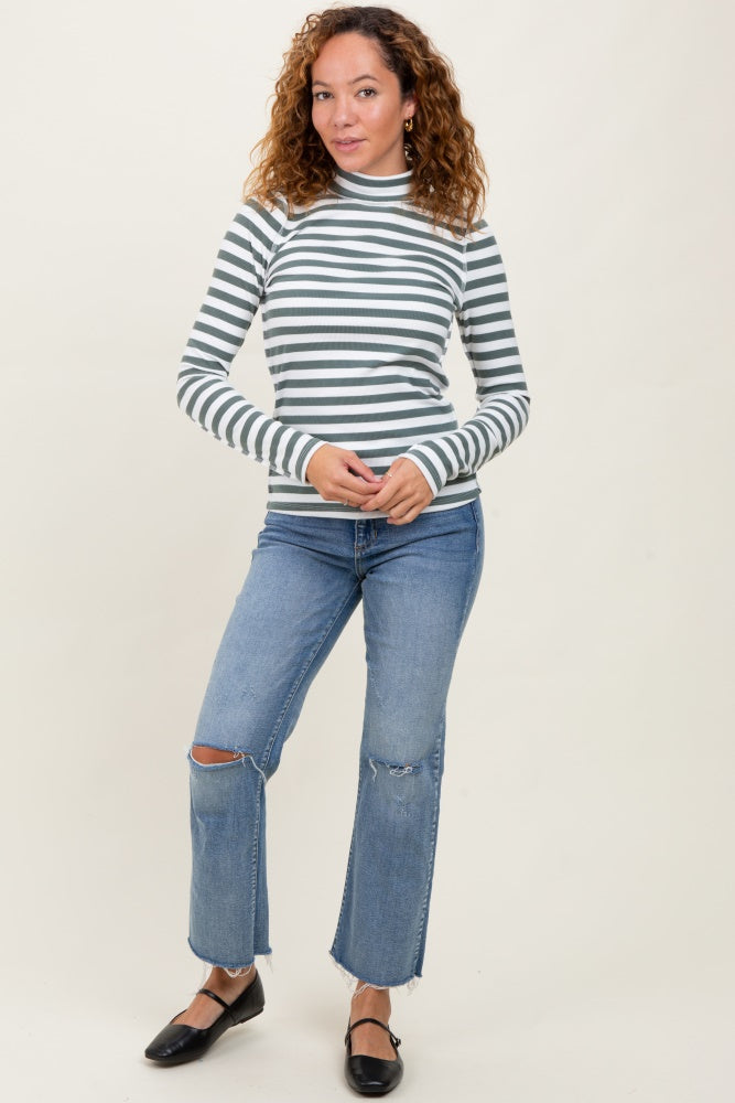 Olive Striped Turtleneck Long Sleeve Top
