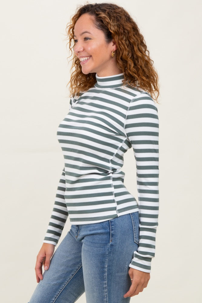 Olive Striped Turtleneck Long Sleeve Top