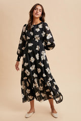 Black Floral Textured Bubble Sleeve Maternity Midi Dress