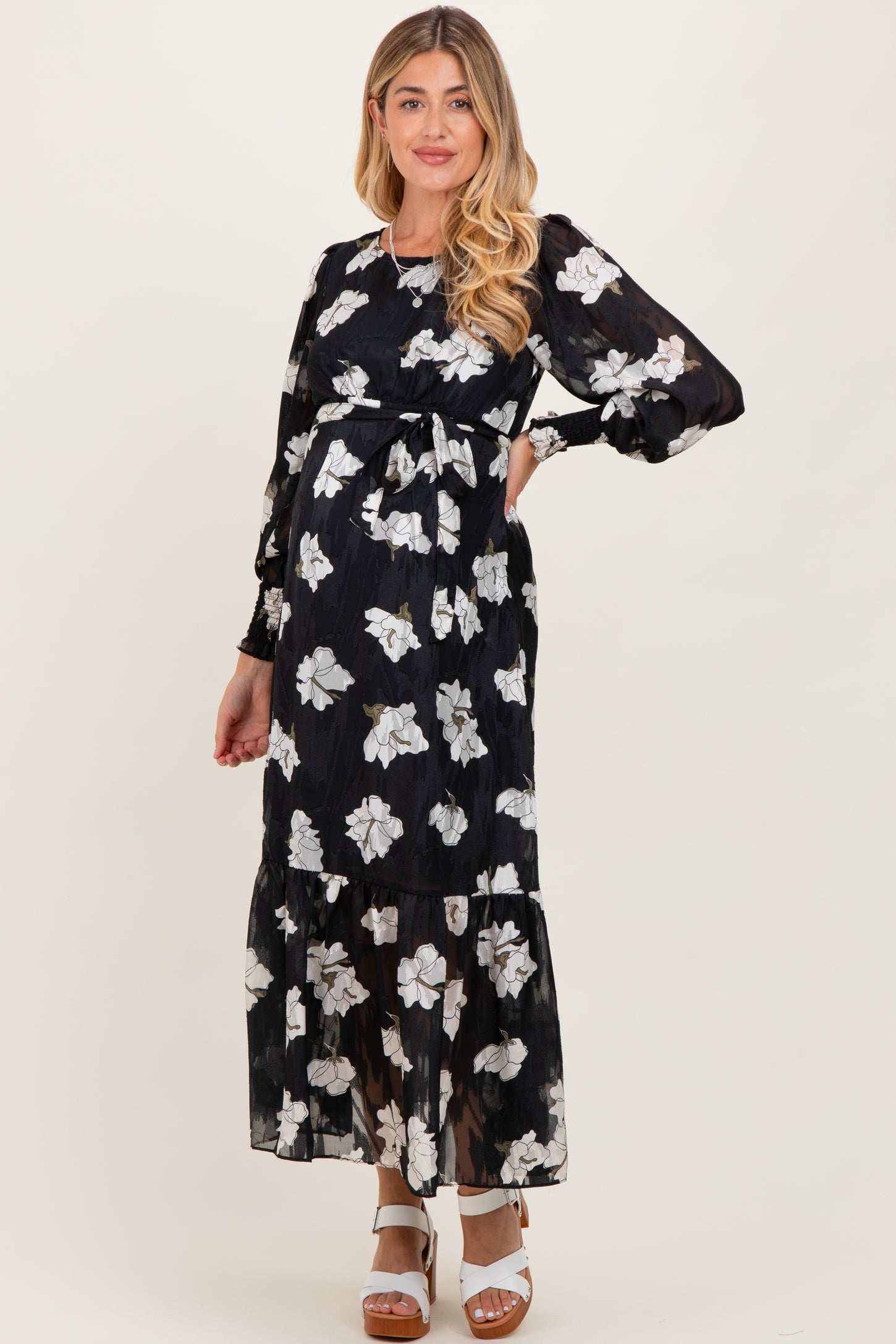 Black Floral Textured Bubble Sleeve Maternity Midi Dress