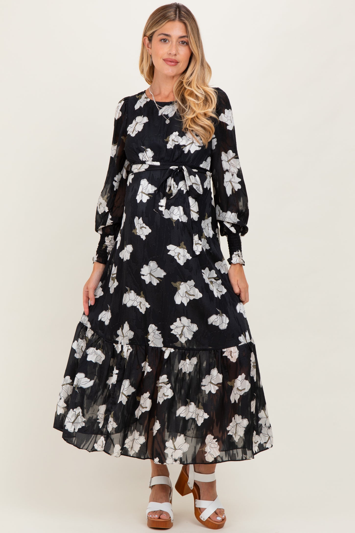 Black Floral Textured Bubble Sleeve Maternity Midi Dress