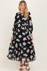 Black Floral Textured Bubble Sleeve Maternity Midi Dress