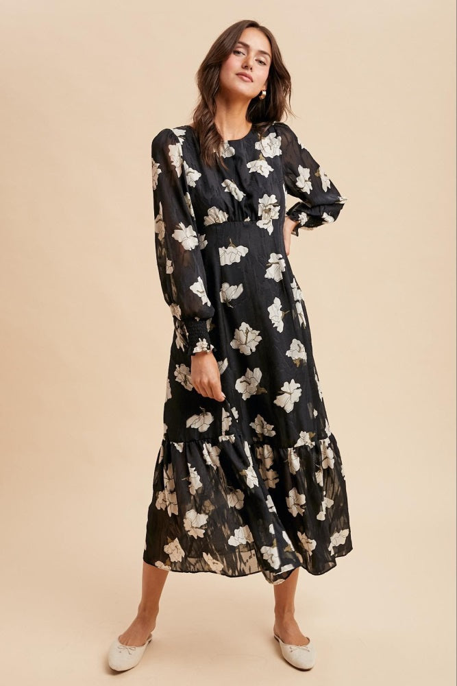 Black Floral Textured Bubble Sleeve Midi Dress