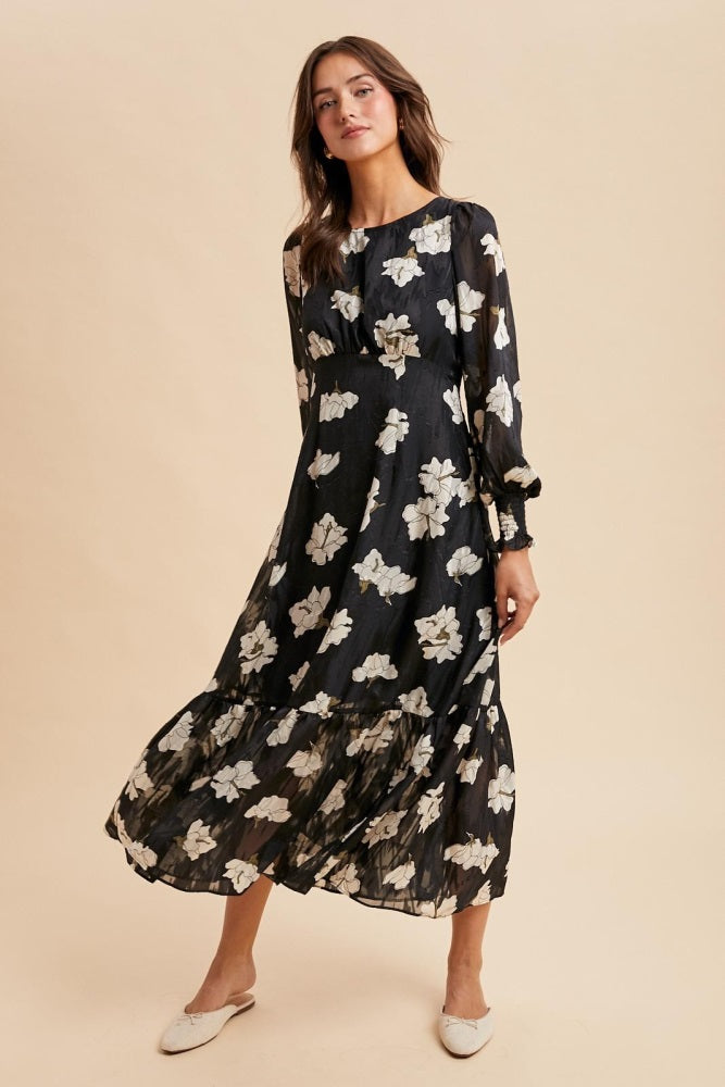 Black Floral Textured Bubble Sleeve Midi Dress