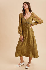 Olive Lace Jacquard Long Sleeve Midi Dress