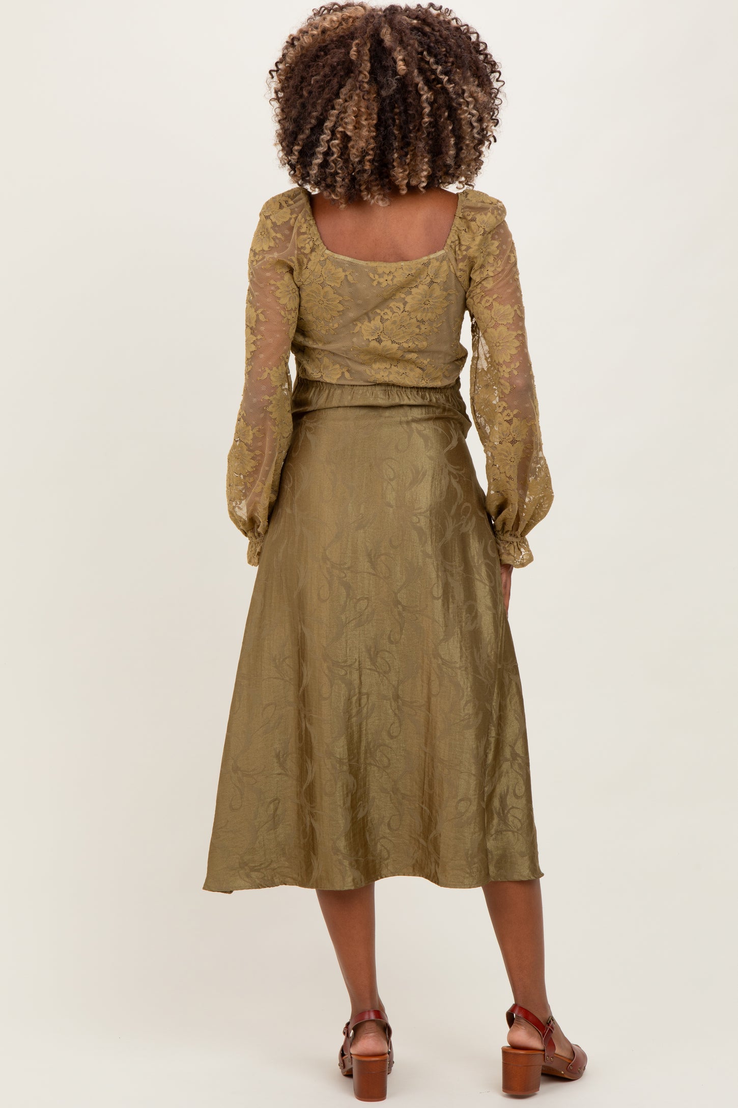 Olive Lace Jacquard Long Sleeve Maternity Midi Dress