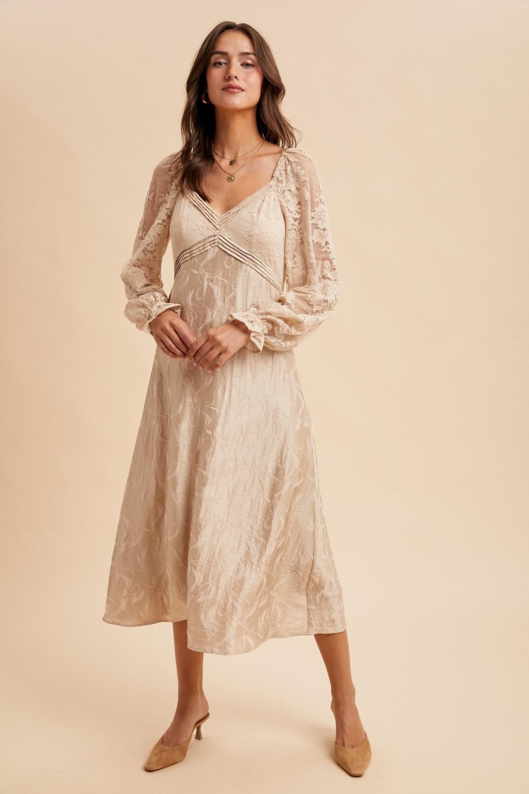 Cream Lace Jacquard Long Sleeve Midi Dress