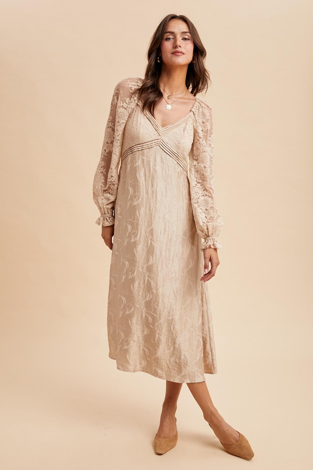 Cream Lace Jacquard Long Sleeve Midi Dress Cream Lace Jacquard Long Sleeve Midi Dress