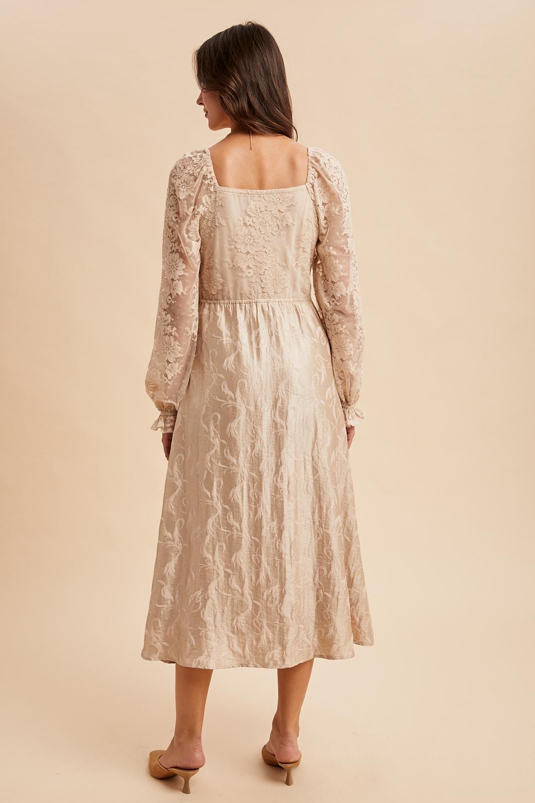 Cream Lace Jacquard Long Sleeve Midi Dress PinkBlush Cream Lace Jacquard Long Sleeve Midi Dress PinkBlush