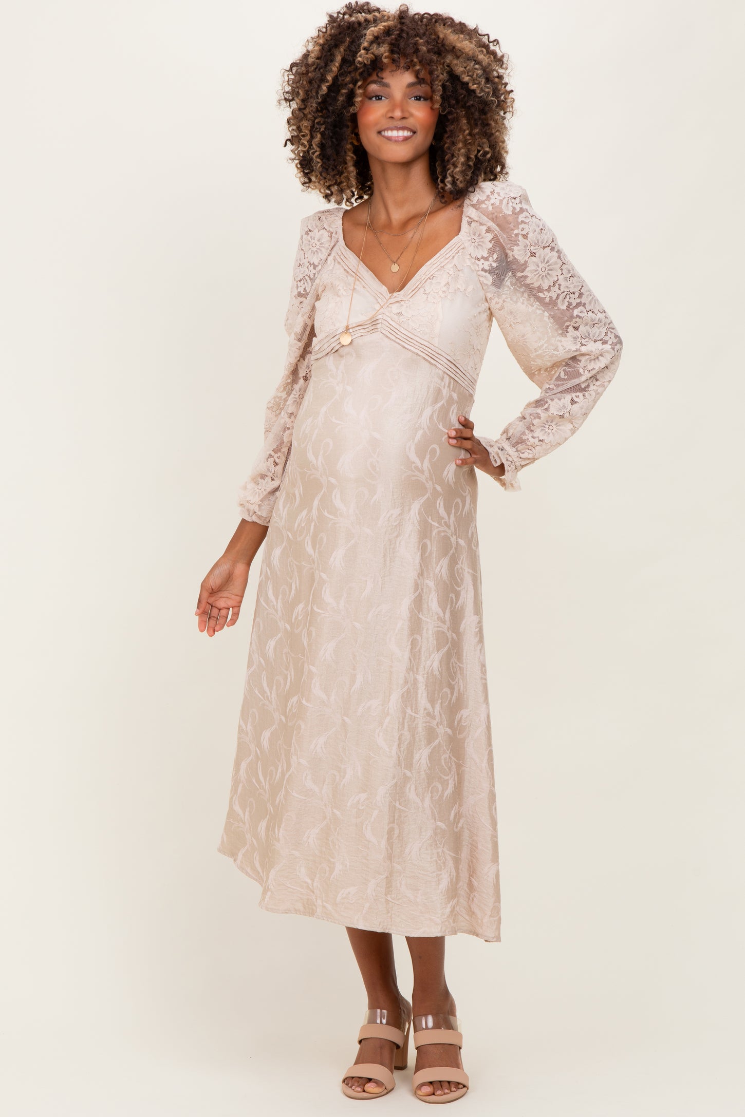 Cream Lace Jacquard Long Sleeve Maternity Midi Dress