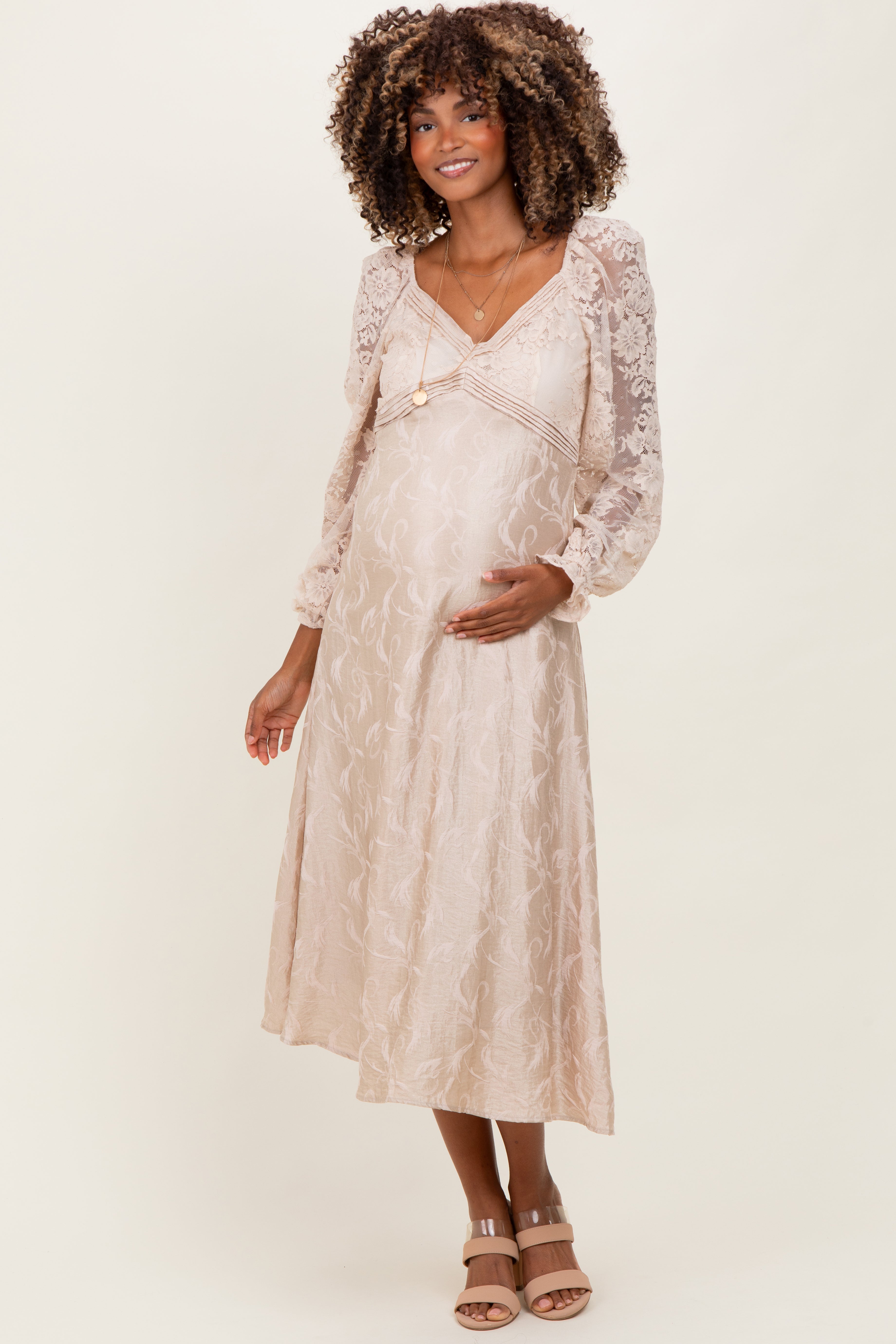 Cream Lace Jacquard Long Sleeve Maternity Midi Dress – PinkBlush