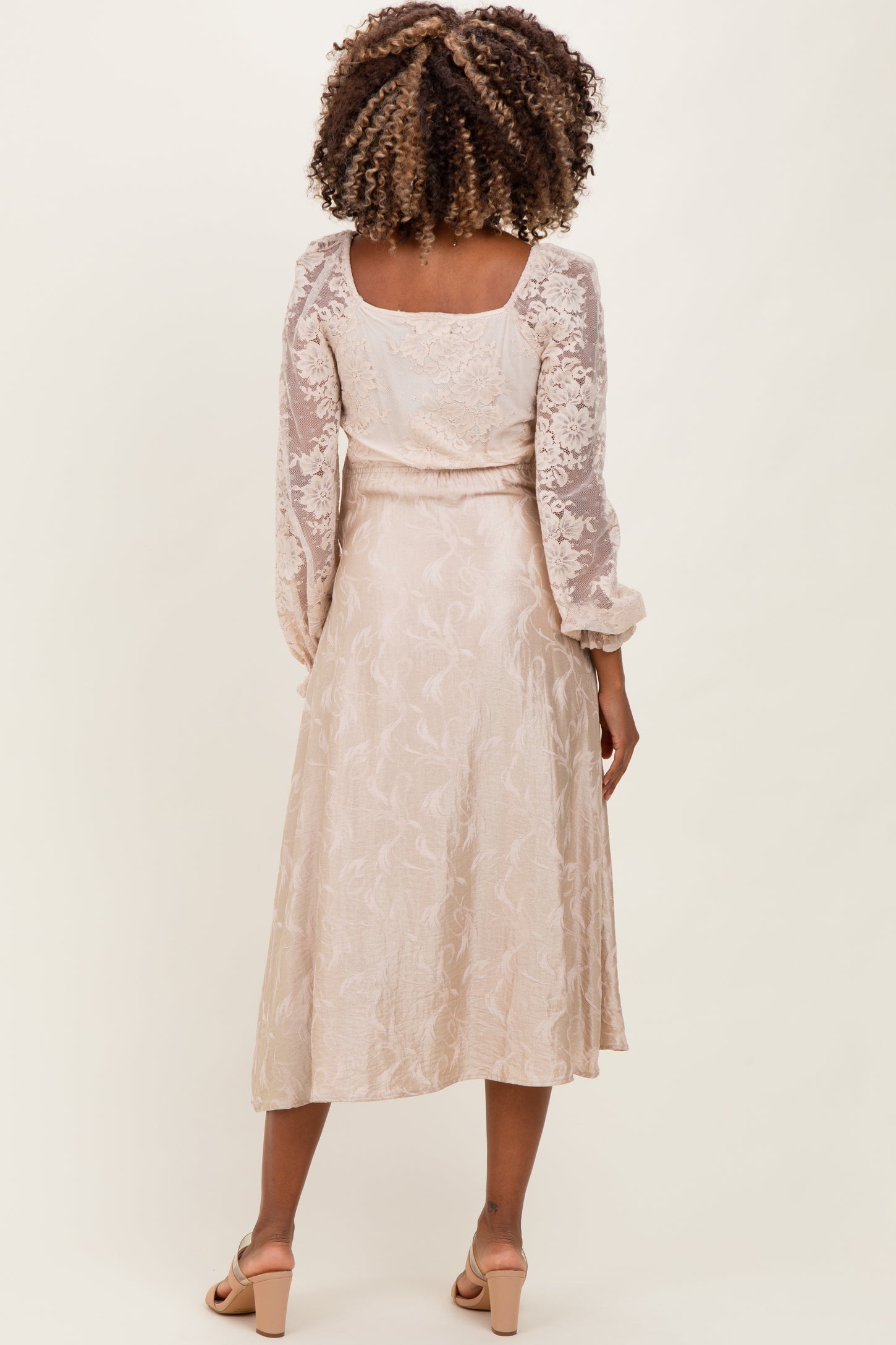 cream jacquard midi dress Cream Midi Dress - Jacquard Midi Dress - Puff Sleeve Dress
