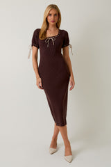 Brown Ribbed Knit Stitch Detail Maternity Midi Dress