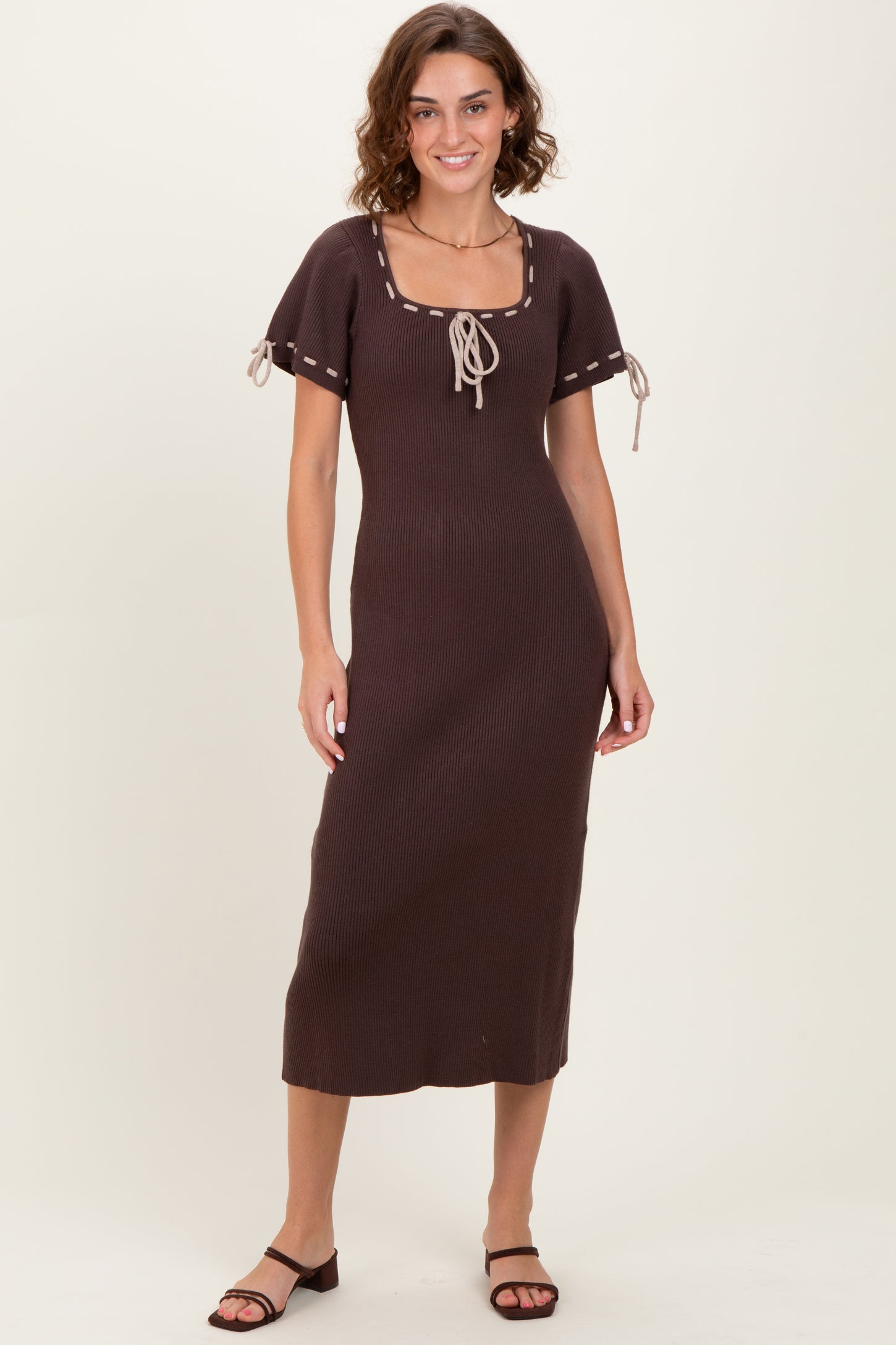Brown Ribbed Knit Stitch Detail Midi Dress Brown Ribbed Knit Stitch Detail Midi Dress