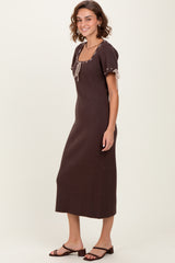 Brown Ribbed Knit Stitch Detail Midi Dress