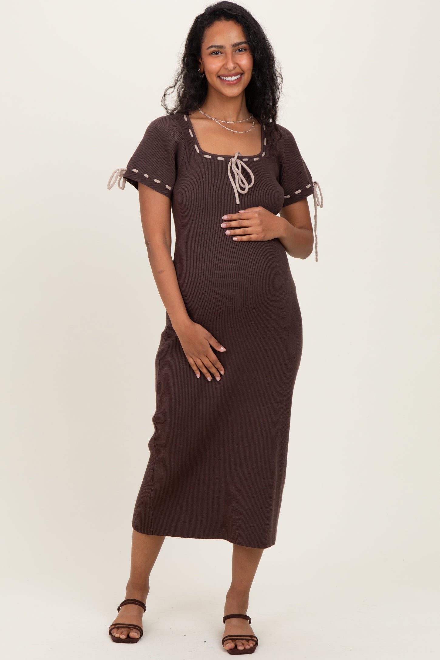 Brown Ribbed Knit Stitch Detail Maternity Midi Dress