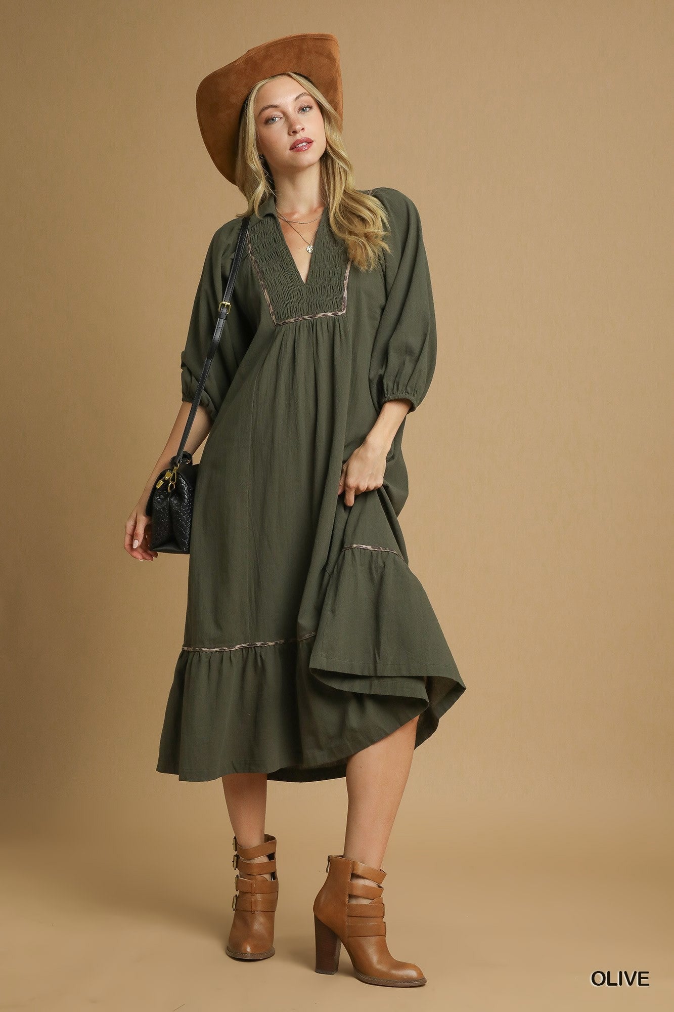 v neck 3/4 sleeve midi dress Olive V-Neck Contrast Trim 3/4 Sleeve Midi Dress