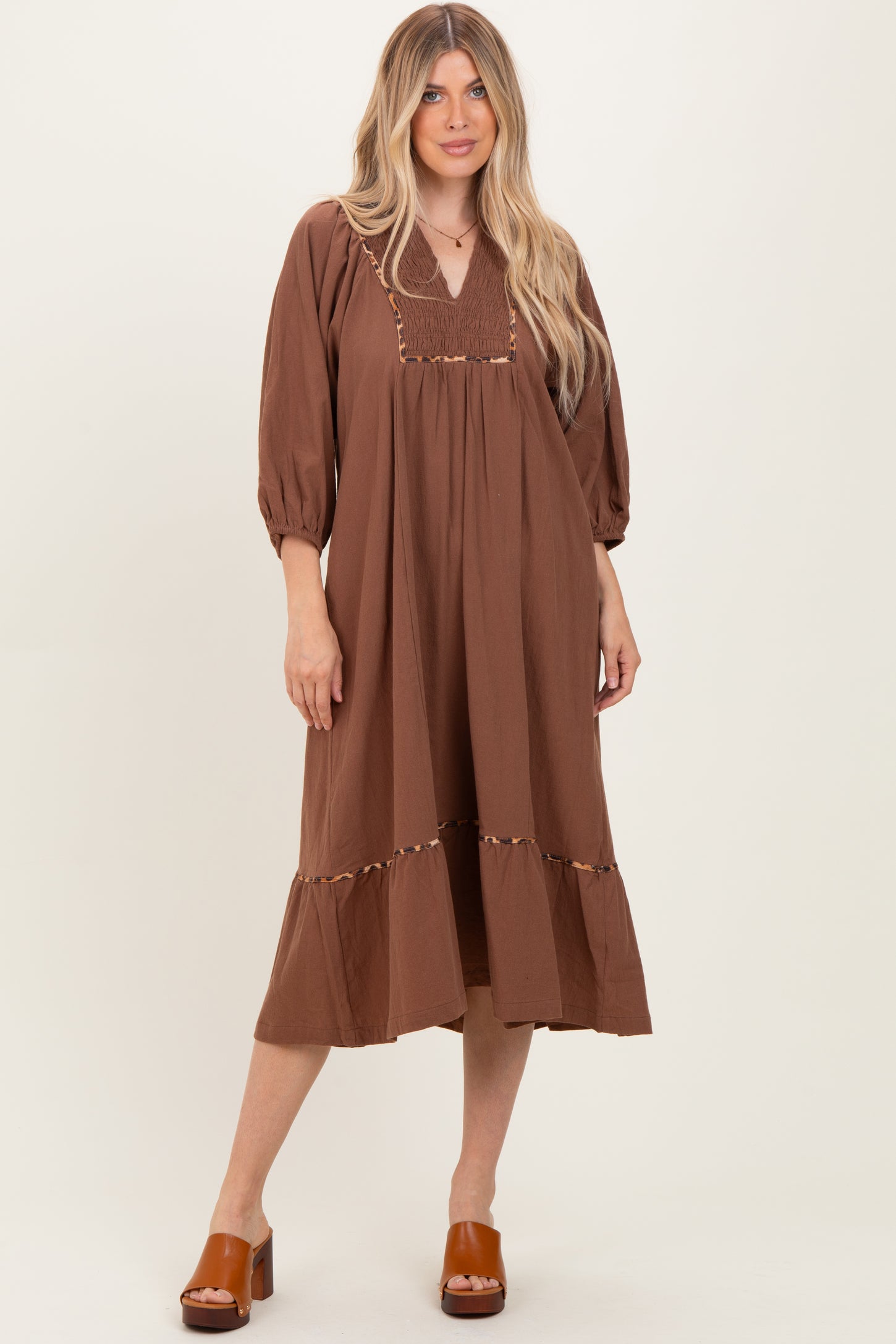 Brown V-Neck Contrast Trim 3/4 Sleeve Midi Dress