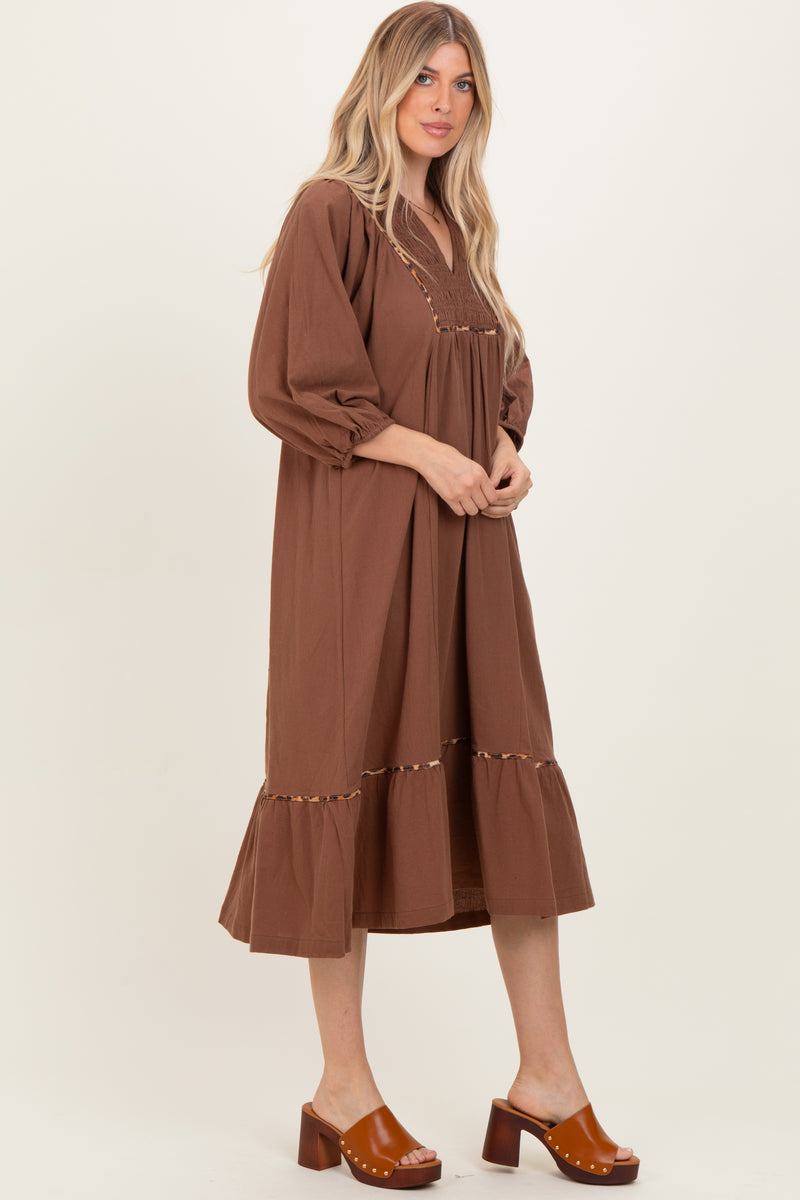 Brown V-Neck Contrast Trim 3/4 Sleeve Midi Dress  PinkBlush