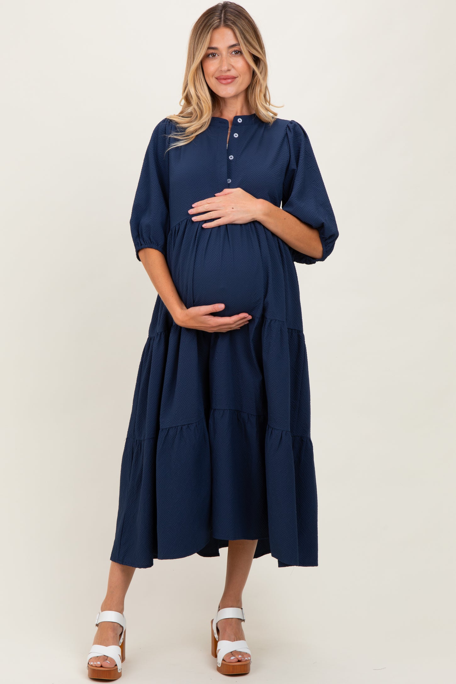 Navy Textured Tiered Puff Sleeve Maternity Midi Dress