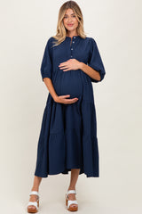 Navy Textured Tiered Puff Sleeve Maternity Midi Dress
