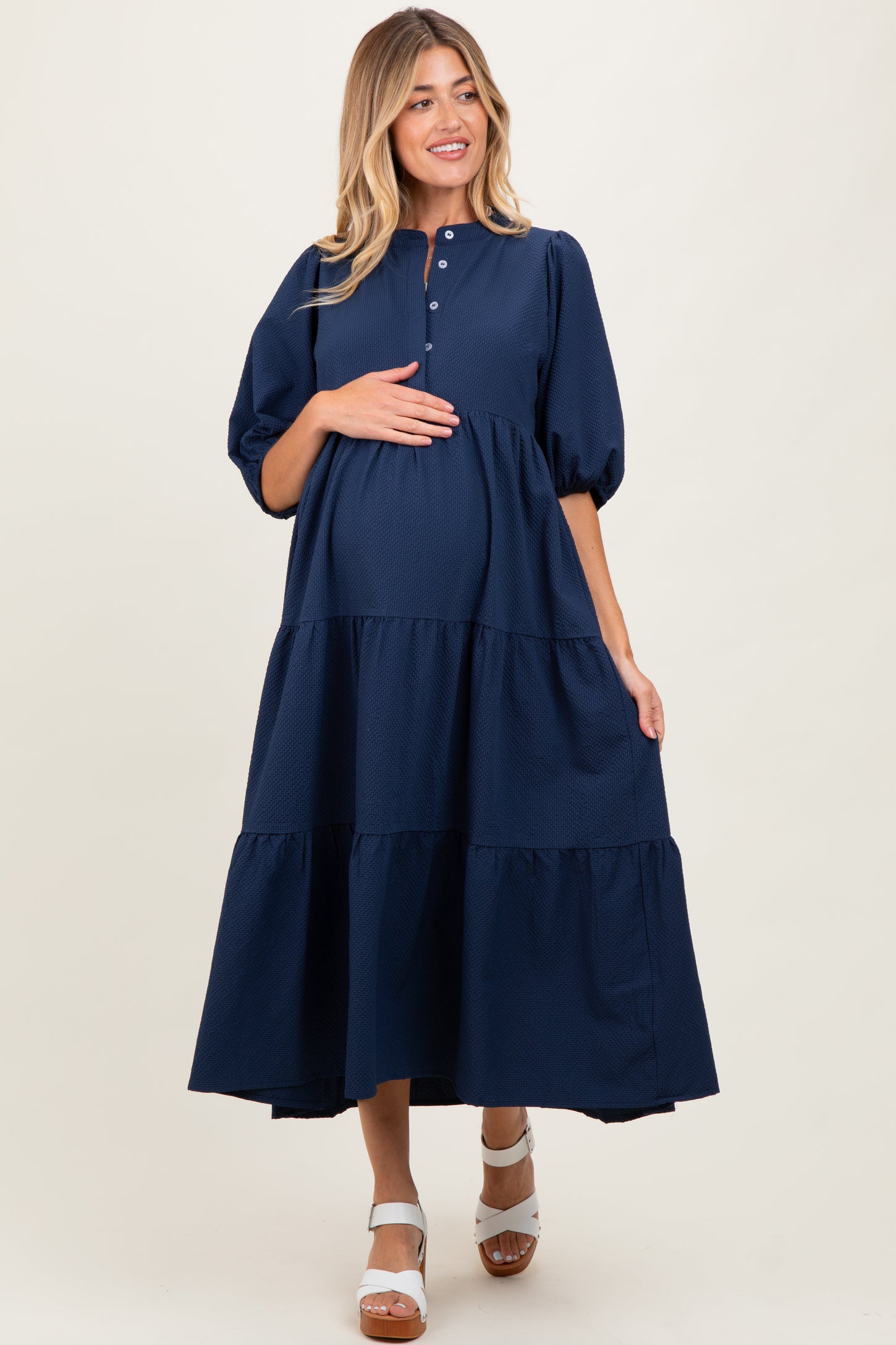 Navy Textured Tiered Puff Sleeve Maternity Midi Dress
