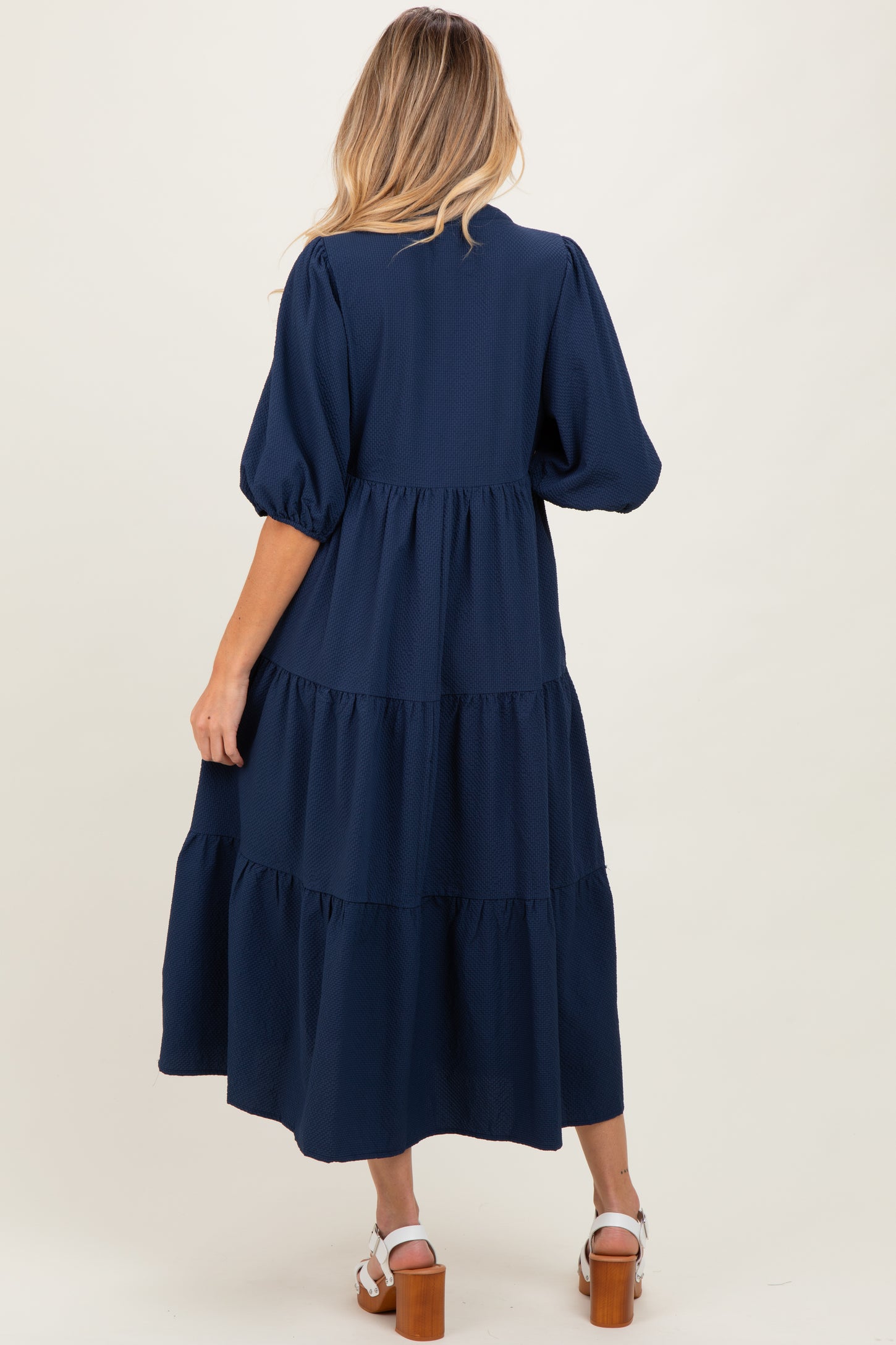 Navy Textured Tiered Puff Sleeve Maternity Midi Dress