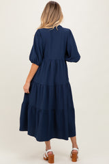 Navy Textured Tiered Puff Sleeve Maternity Midi Dress