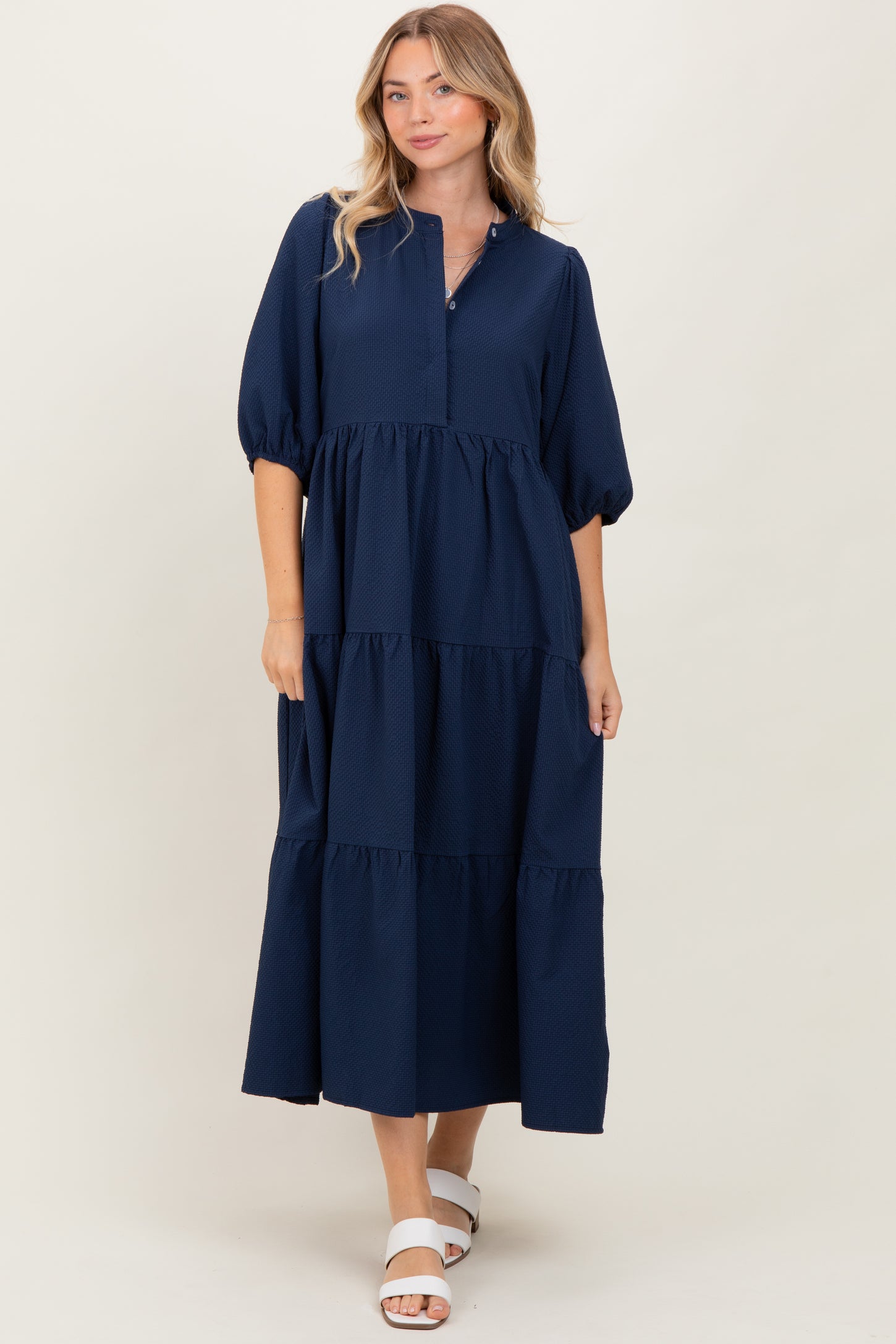 Navy Textured Tiered Puff Sleeve Midi Dress