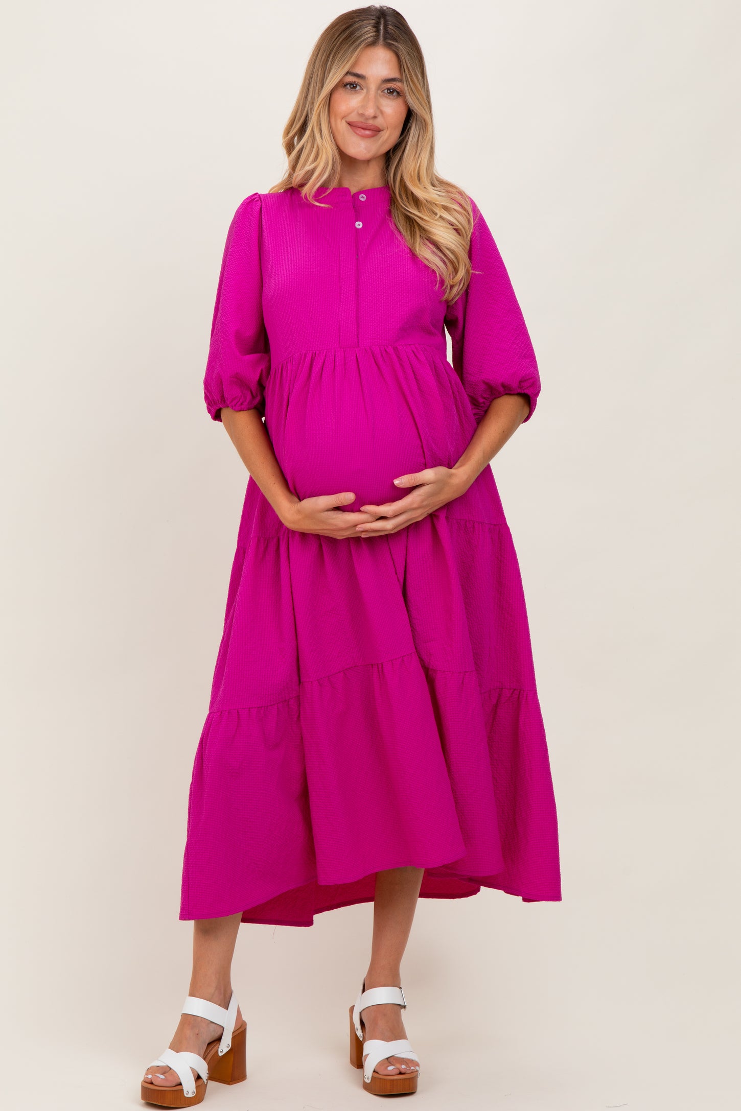 Fuchsia Textured Tiered Puff Sleeve Maternity Midi Dress
