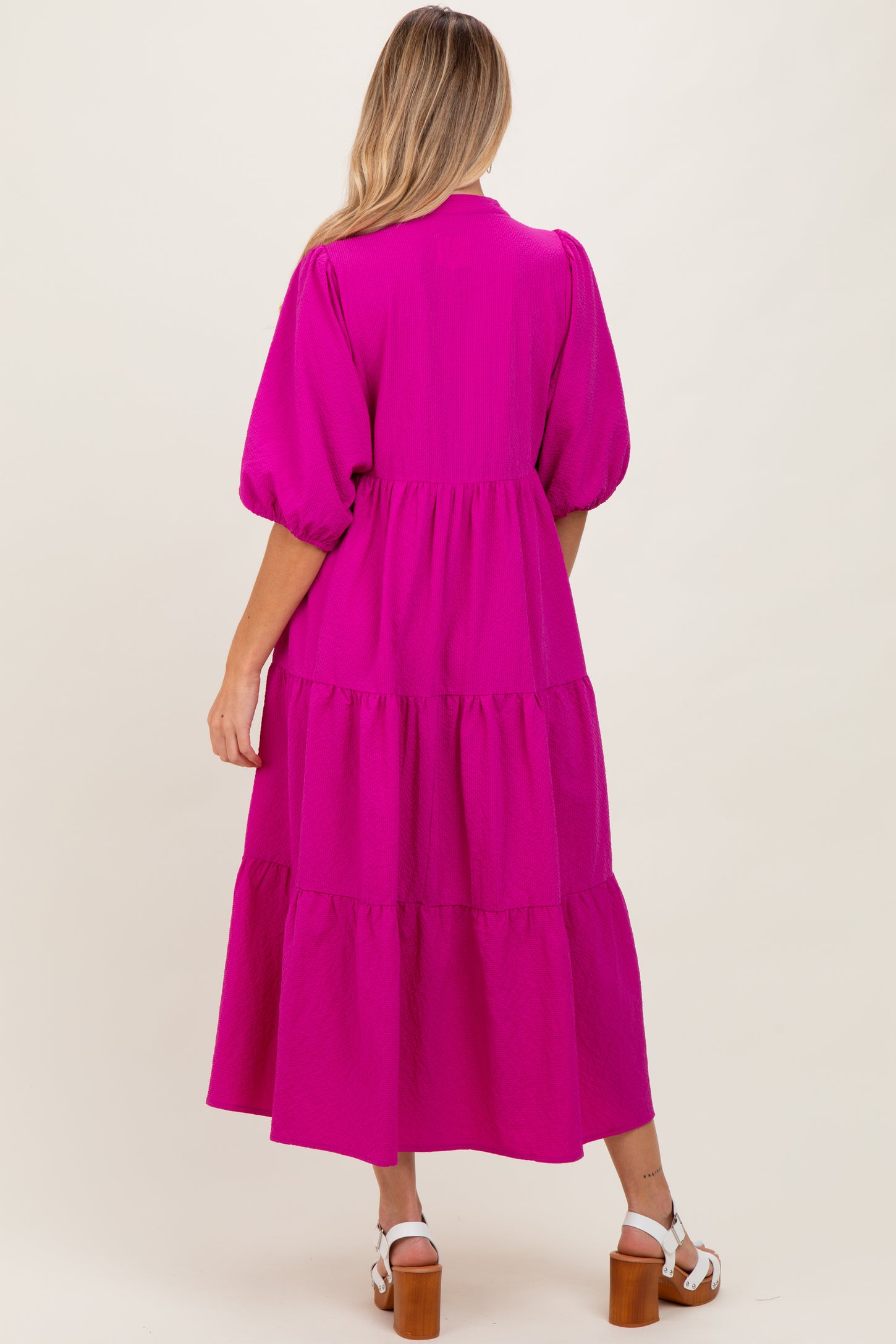 Fuchsia Textured Tiered Puff Sleeve Maternity Midi Dress