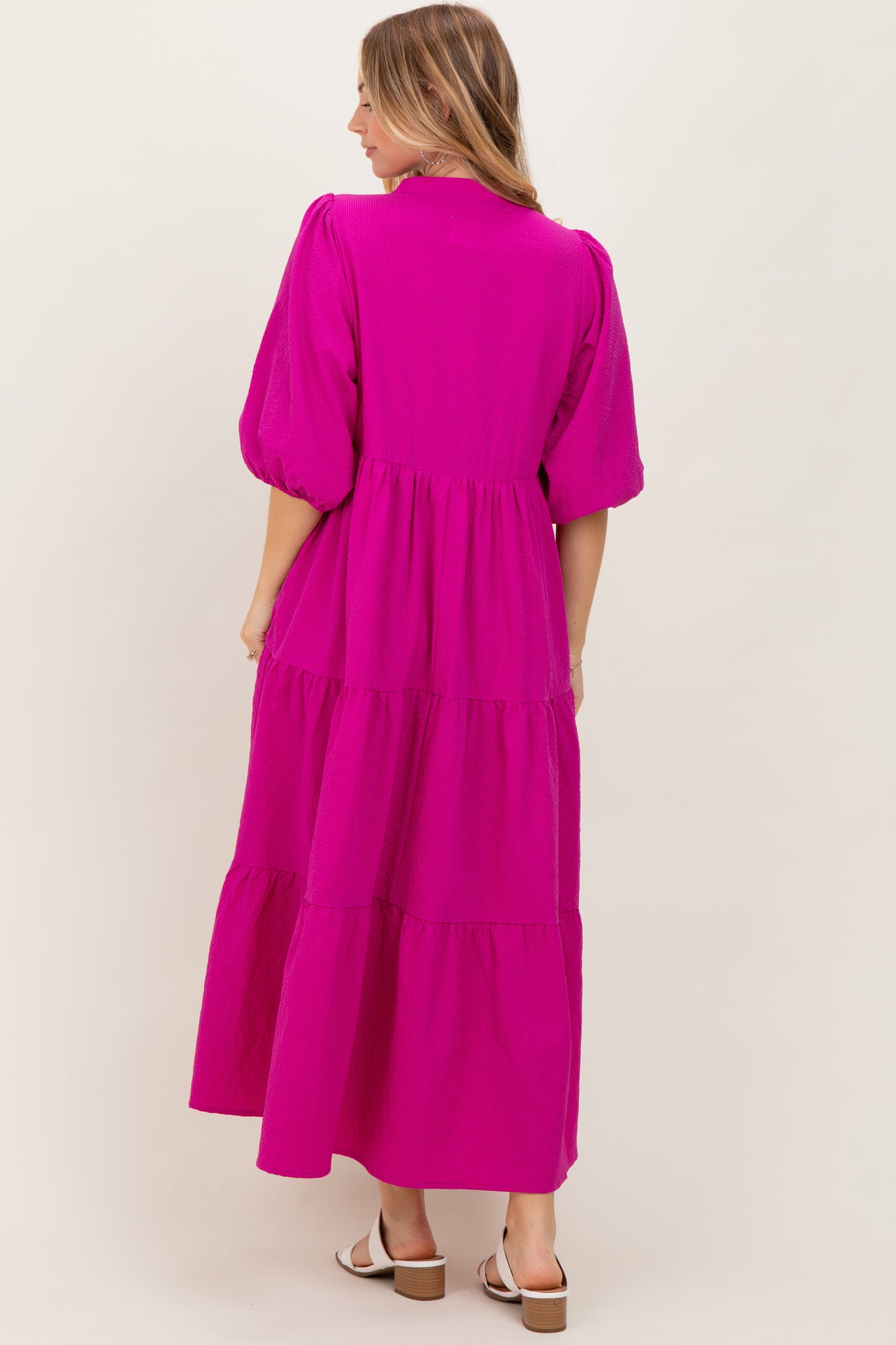 Fuchsia Textured Tiered Puff Sleeve Midi Dress