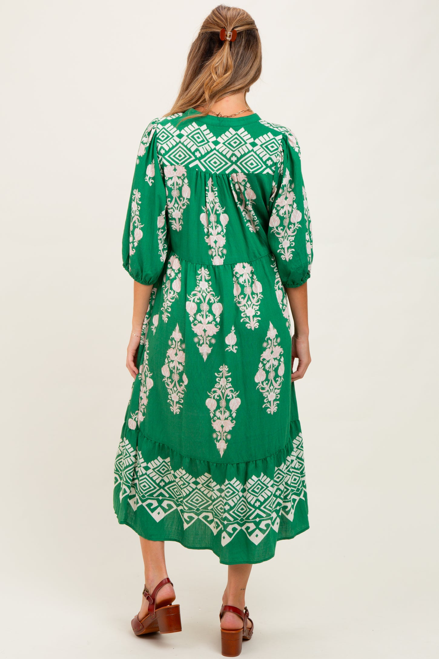 Green Damask Tassel Front Tie Tiered Maternity Midi Dress