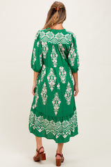 Green Damask Tassel Front Tie Tiered Maternity Midi Dress