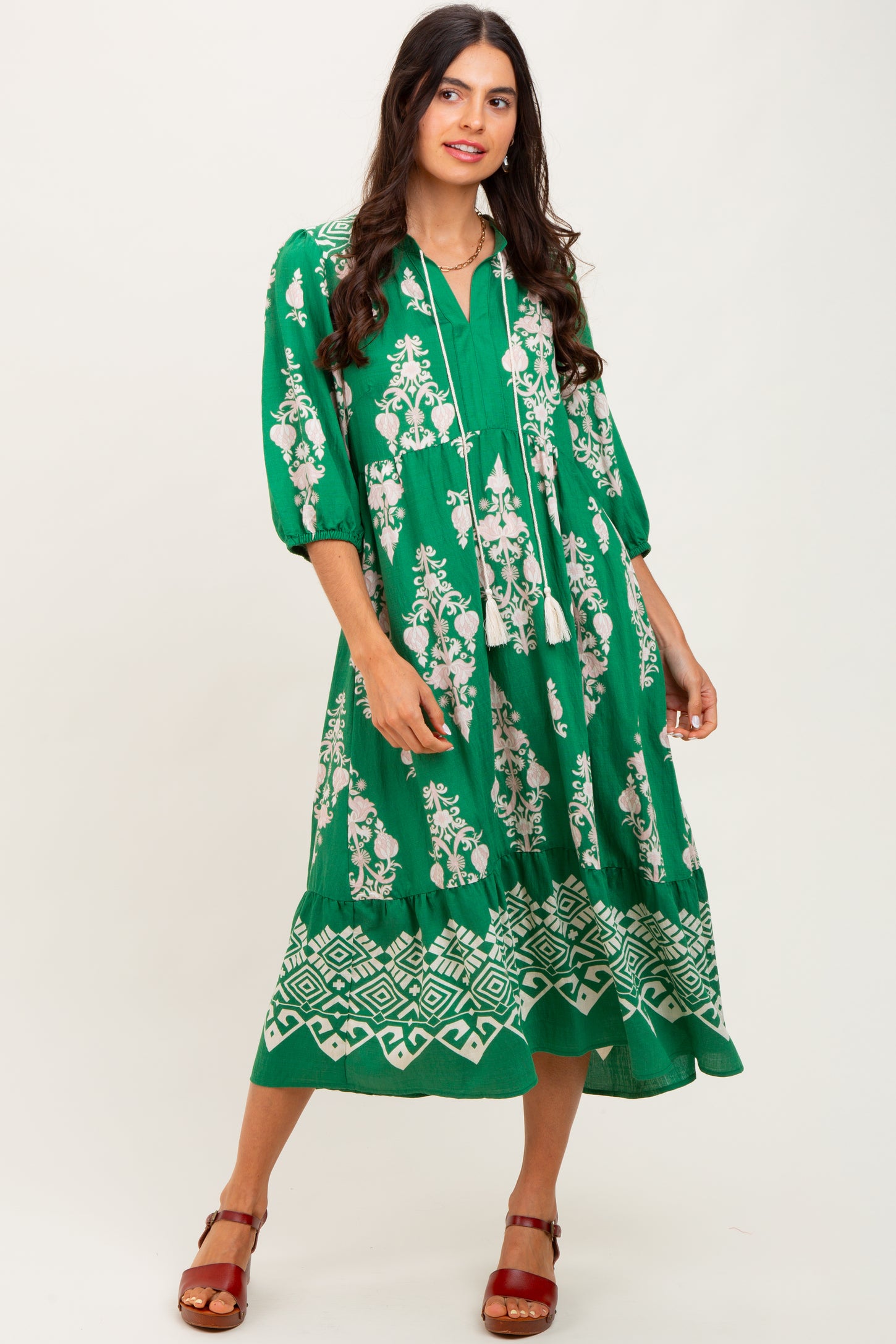 Green Damask Tassel Front Tie Tiered Midi Dress
