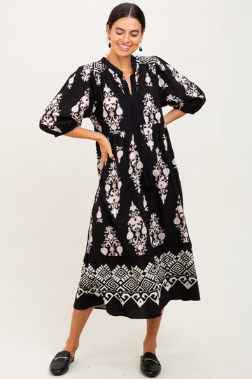 Black Damask Tassel Front Tie Tiered Midi Dress