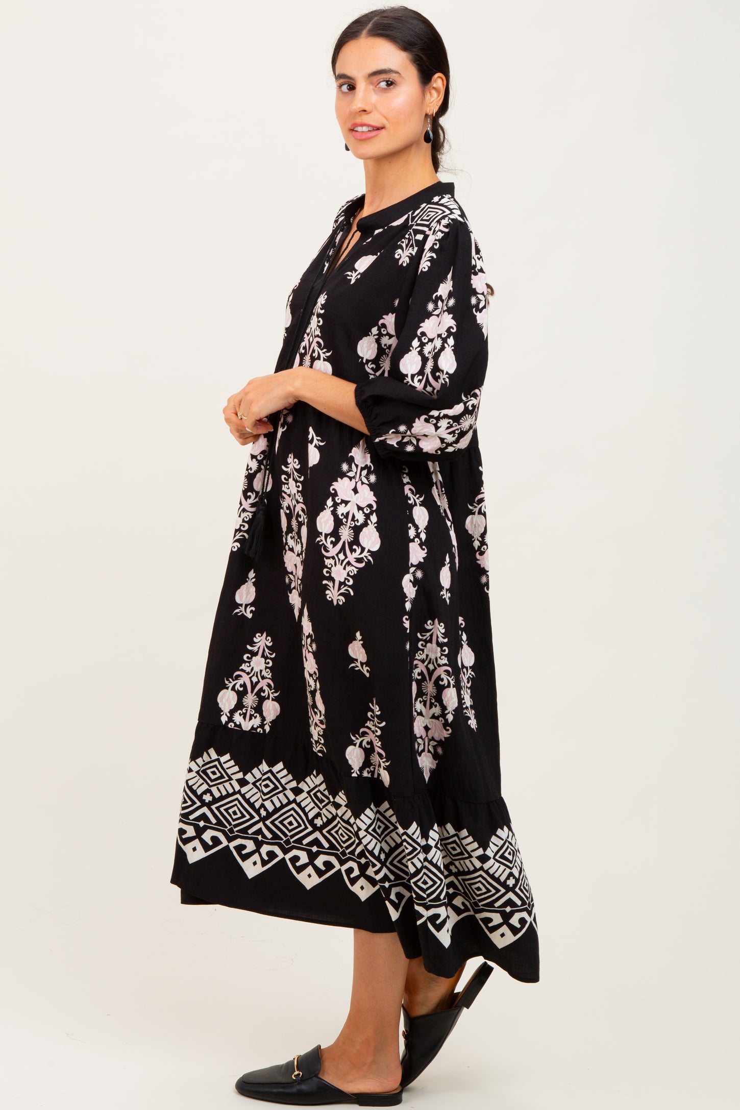 Black Damask Tassel Front Tie Tiered Midi Dress