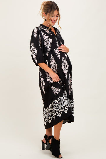 Black Damask Tassel Front Tie Tiered Maternity Midi Dress