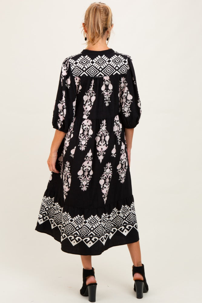 Black Damask Tassel Front Tie Tiered Maternity Midi Dress