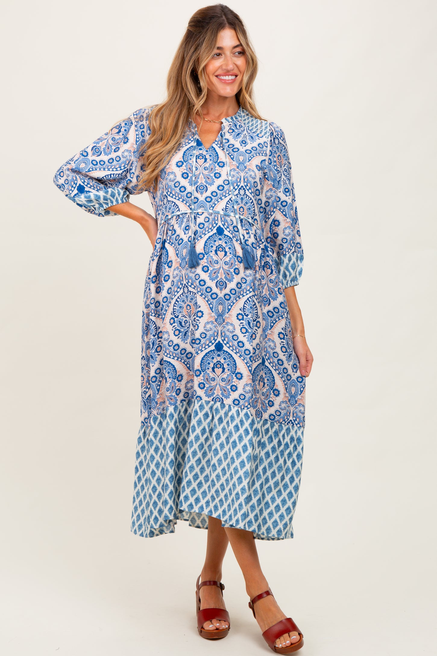 midi blue damask dress You Have My Attention Blue Damask Midi Dress, X-Large - The Mint Julep Boutique