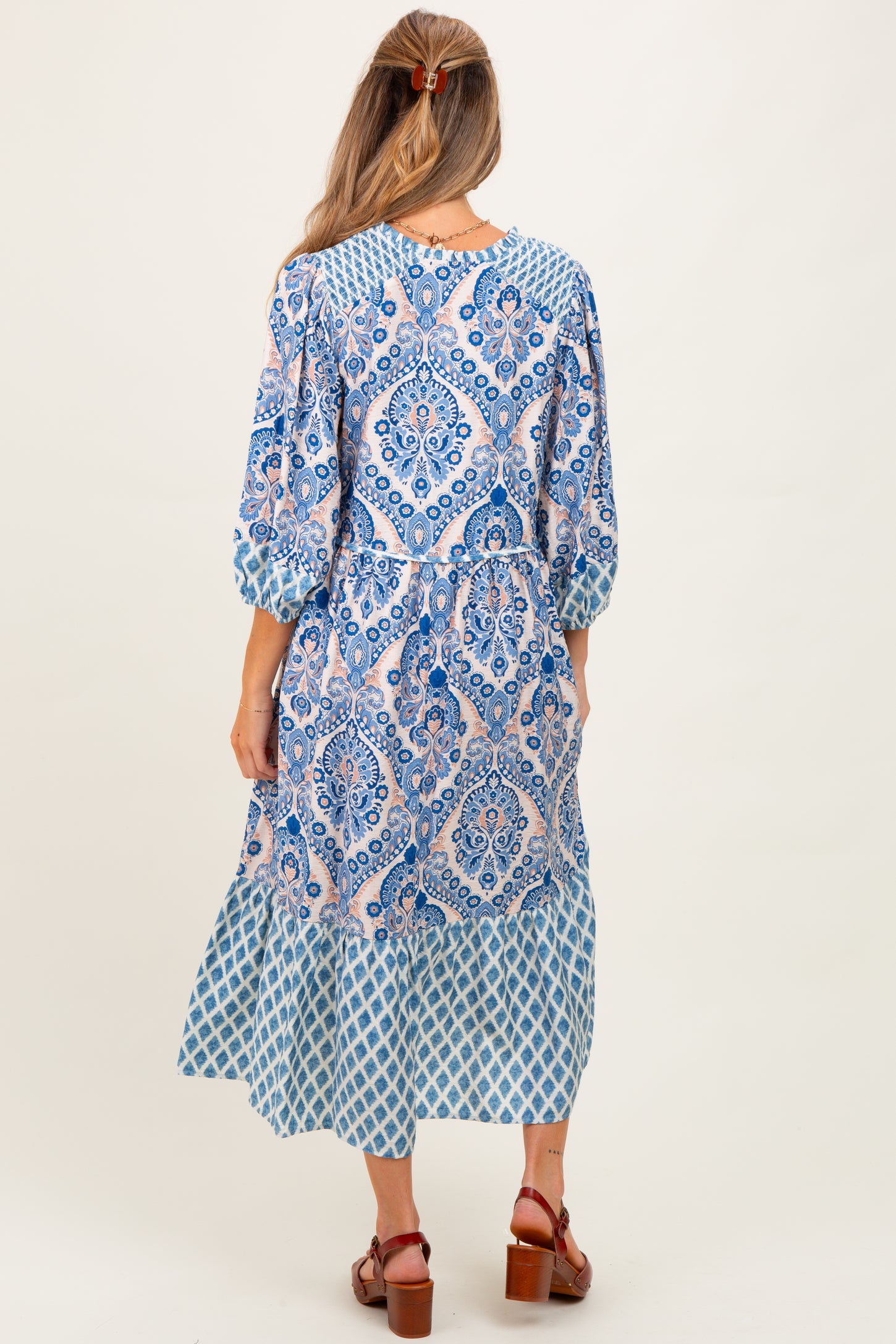 Blue Damask Tassel Front Tie 3/4 Sleeve Maternity Midi Dress