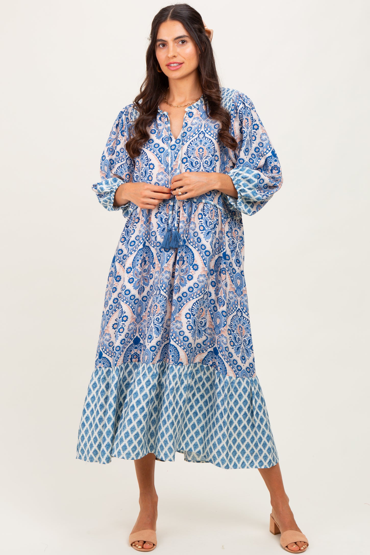 Blue Damask Tassel Front Tie 3/4 Sleeve Maternity Midi Dress