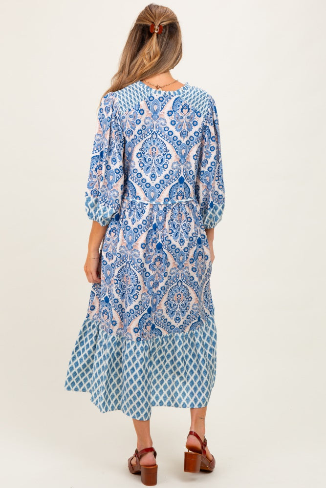 Blue Damask Tassel Front Tie 3/4 Sleeve Maternity Midi Dress