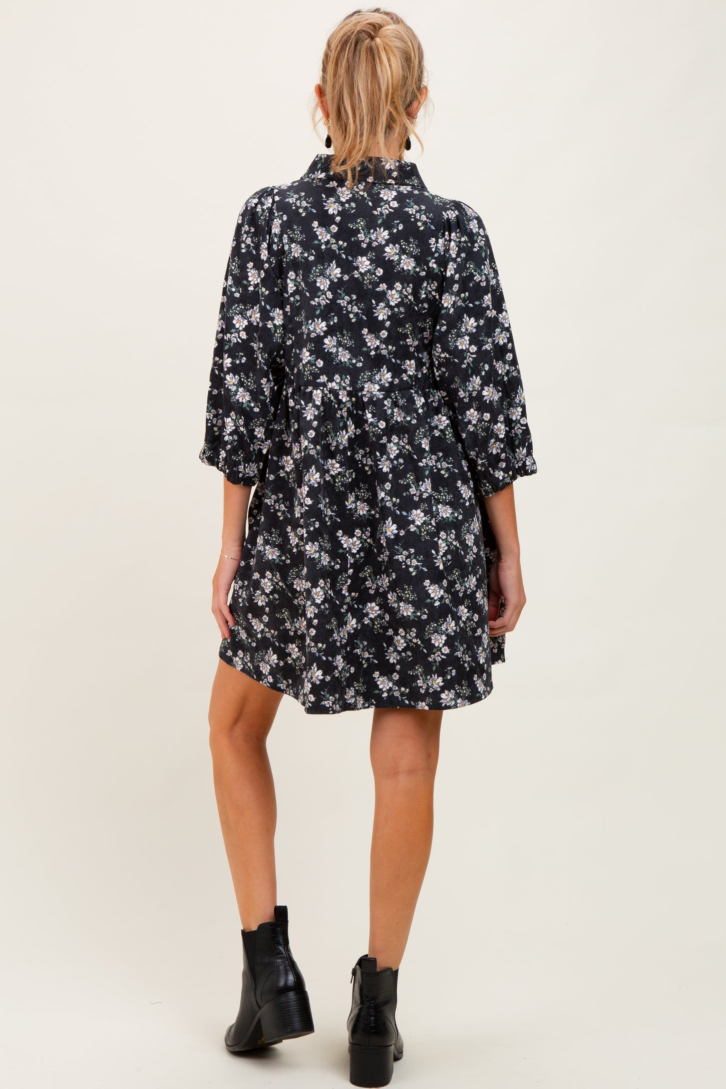 Black Floral Corduroy Button Down Maternity Shirt Dress
