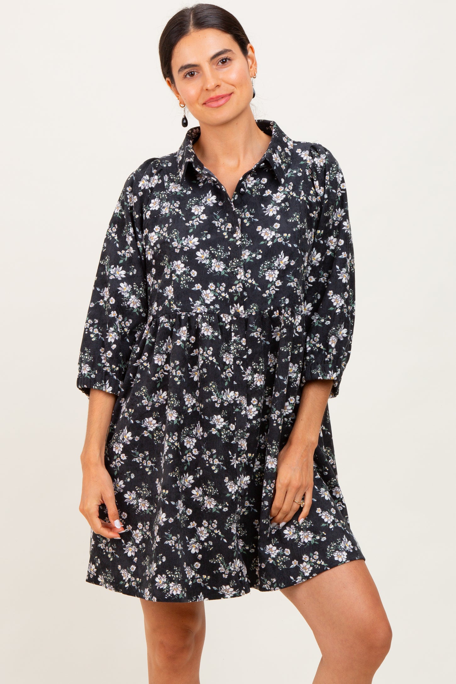Black Floral Corduroy Button Down Shirt Dress