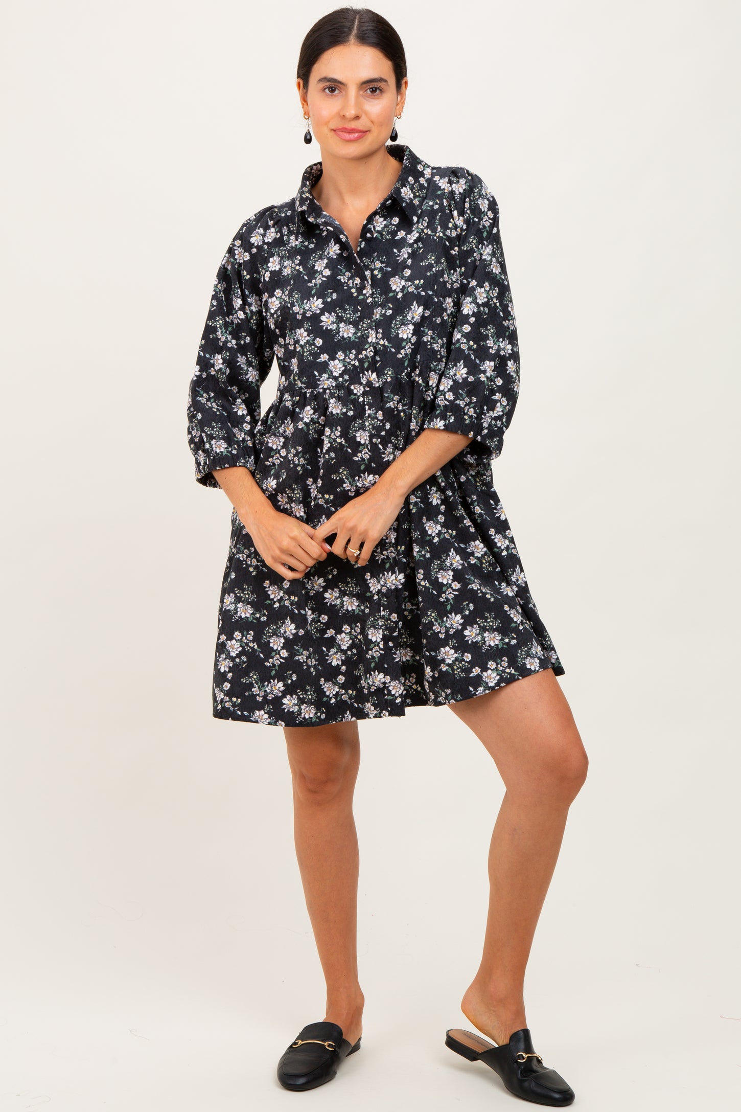 Black Floral Corduroy Button Down Shirt Dress