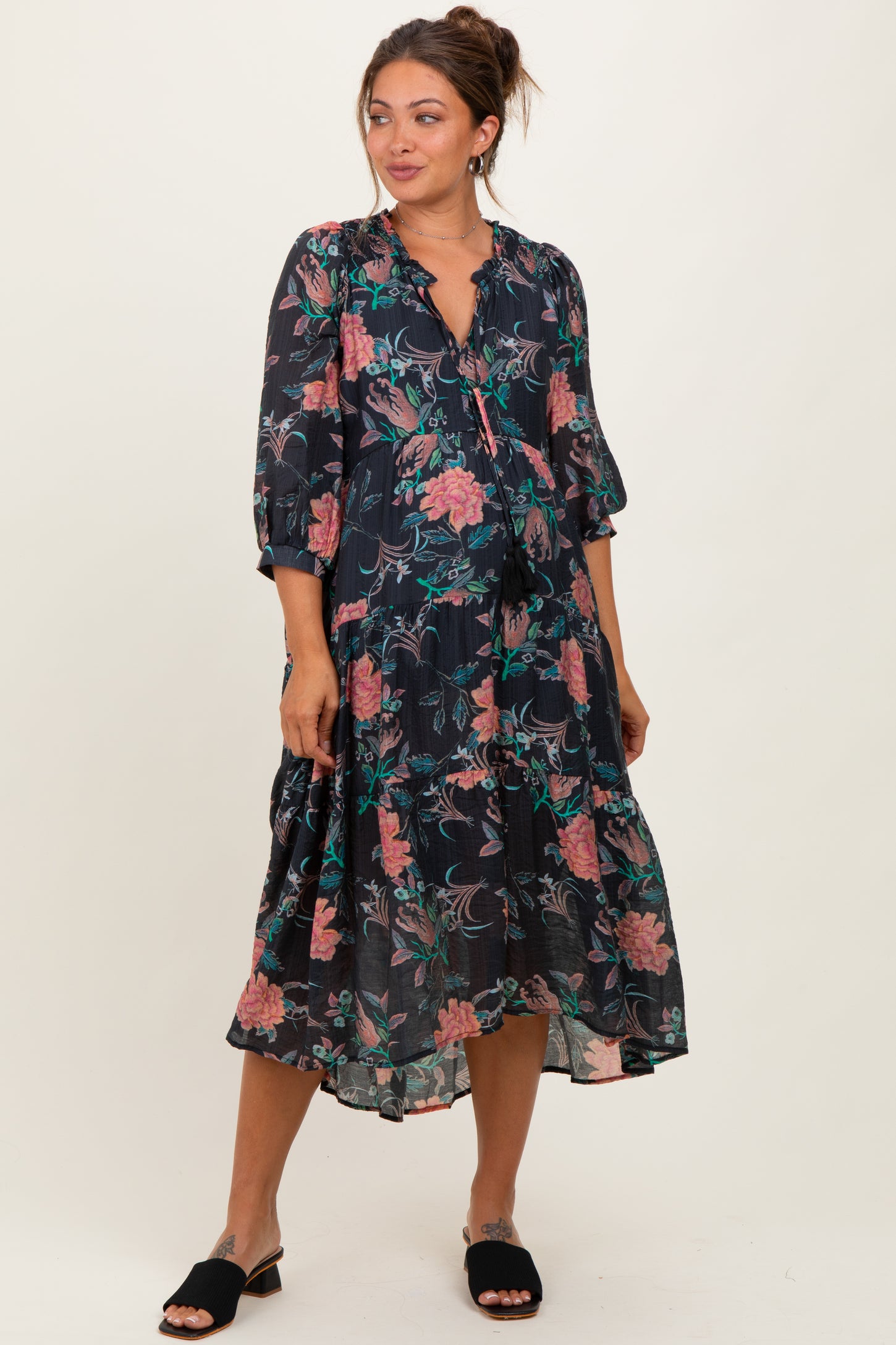 Black Floral Front Tie Tiered Maternity Midi Dress