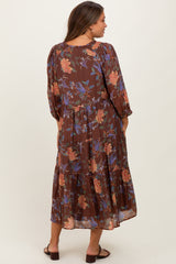 Brown Floral Front Tie Tiered Maternity Midi Dress